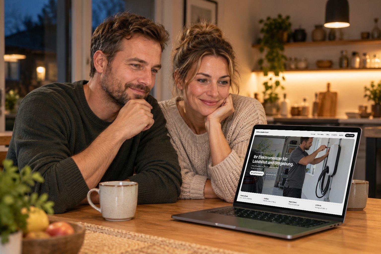 Paar schaut sich am Küchentisch eine Website an